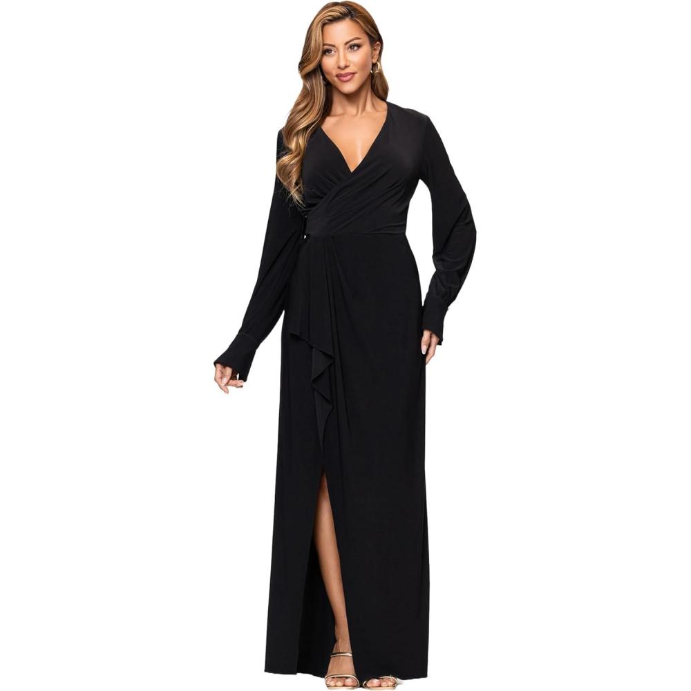 imageXscape Womens Jersey Knit VNeck Draped Long Sleeve Floor Length DressBlack