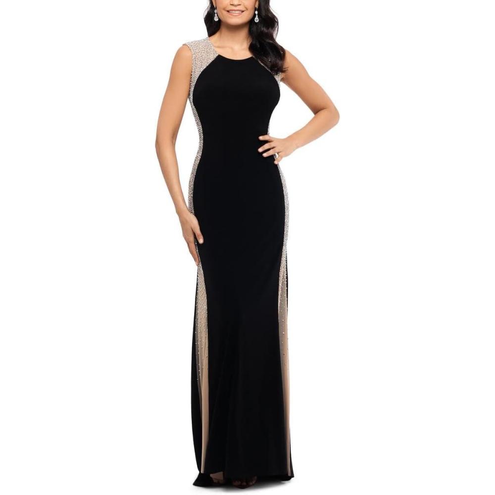 imageXscape Womens Long Ity Dress with Caviar Bead SidesBlackNudeSilver