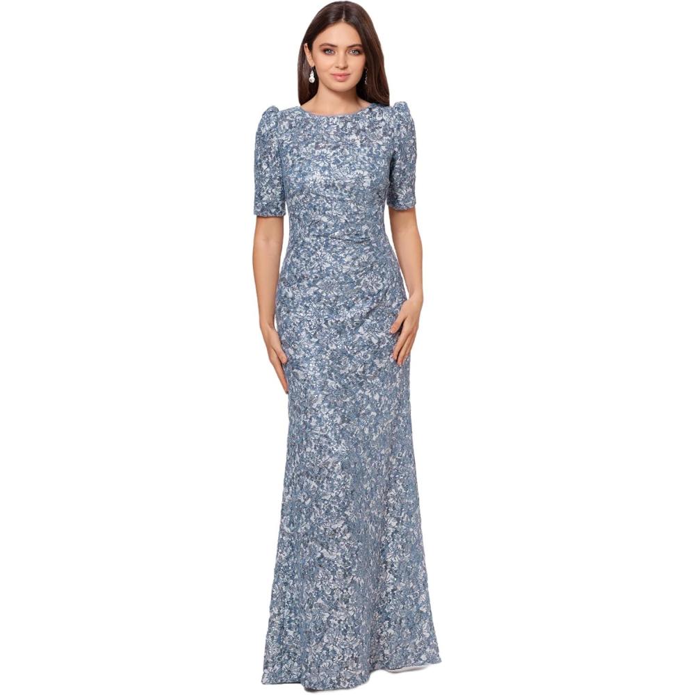 imageXscape Womens Long Lace Sequin Side Ruched Dress Reg and PetiteBlueSilver