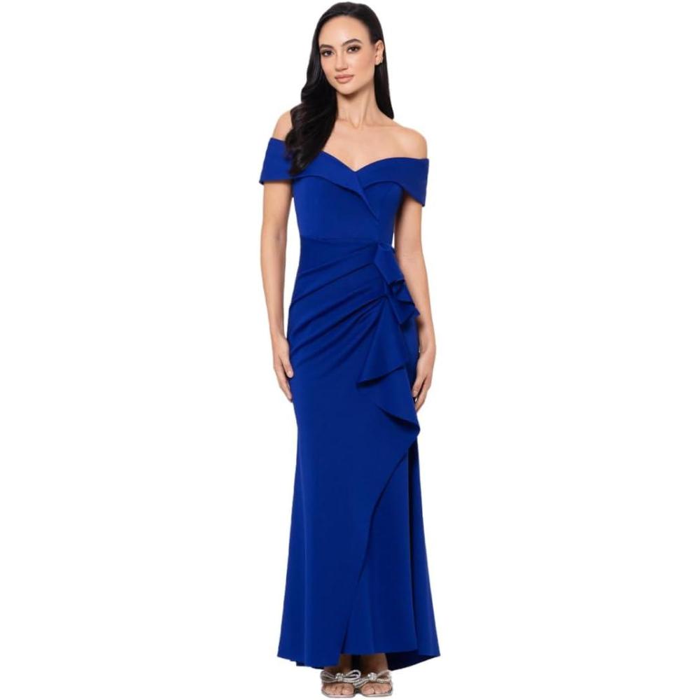 imageXscape Womens Long Off Shoulder Sweetheart Neck Side Ruffle Gown Reg and PetiteMarine