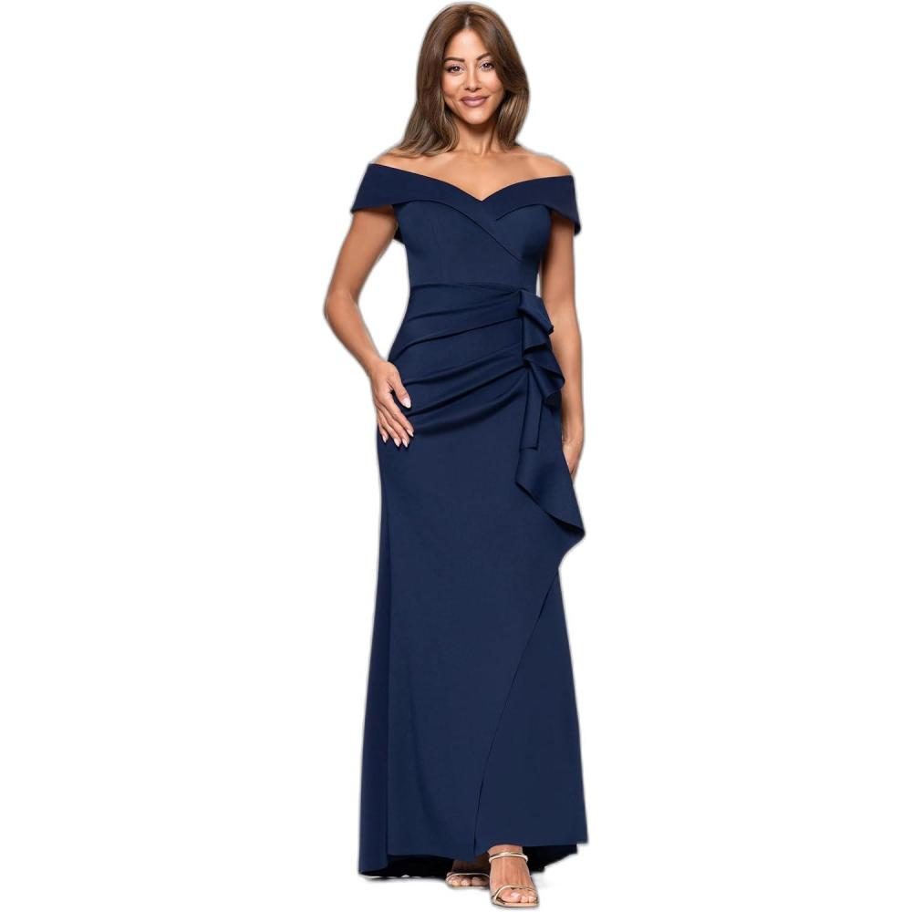 imageXscape Womens Long Off Shoulder Sweetheart Neck Side Ruffle Gown Reg and PetiteMidnight