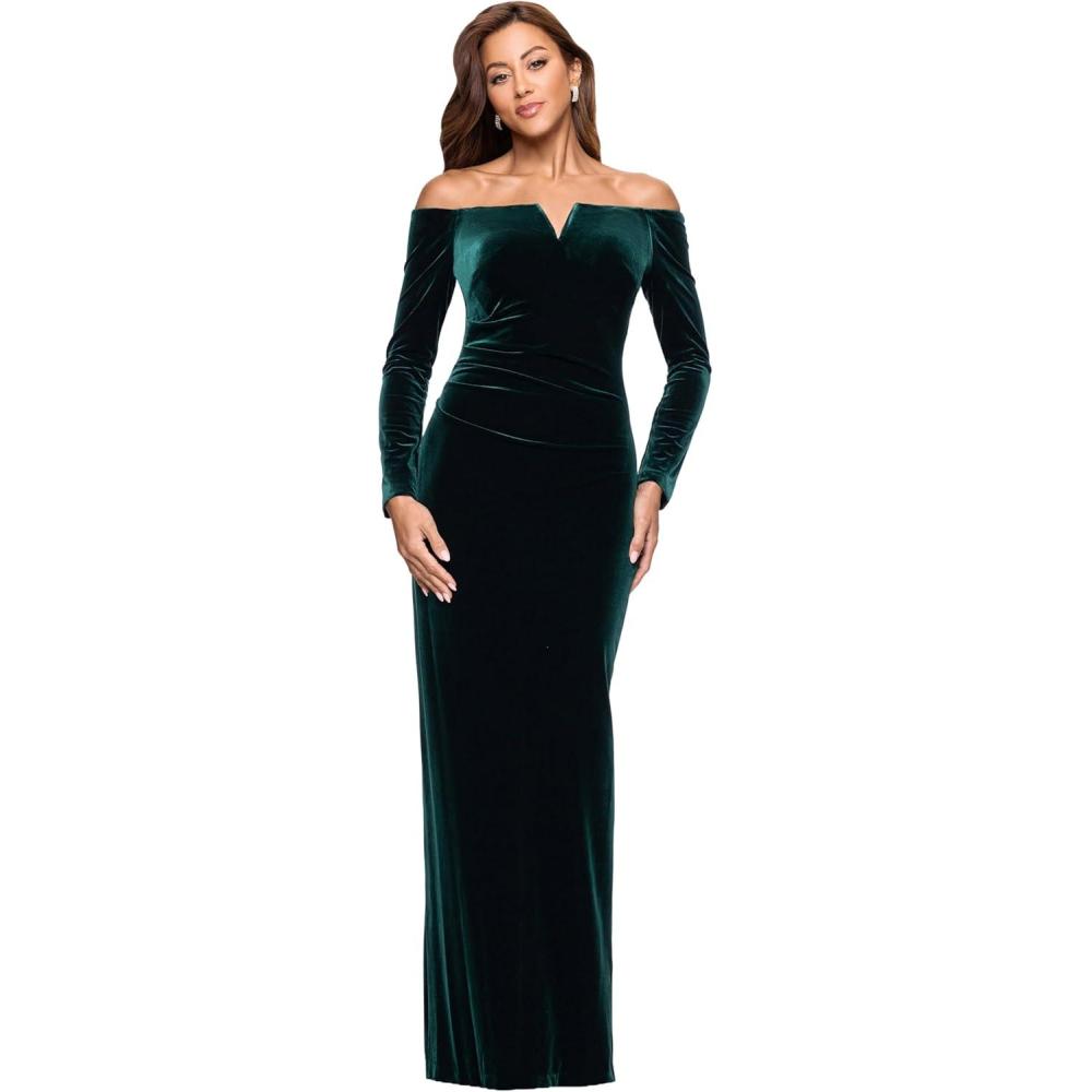 imageXscape Womens OffTheShoulder Velvet Long Sleeve Maxi Dress with Vbar Neckline and Center Back ZipperHunter