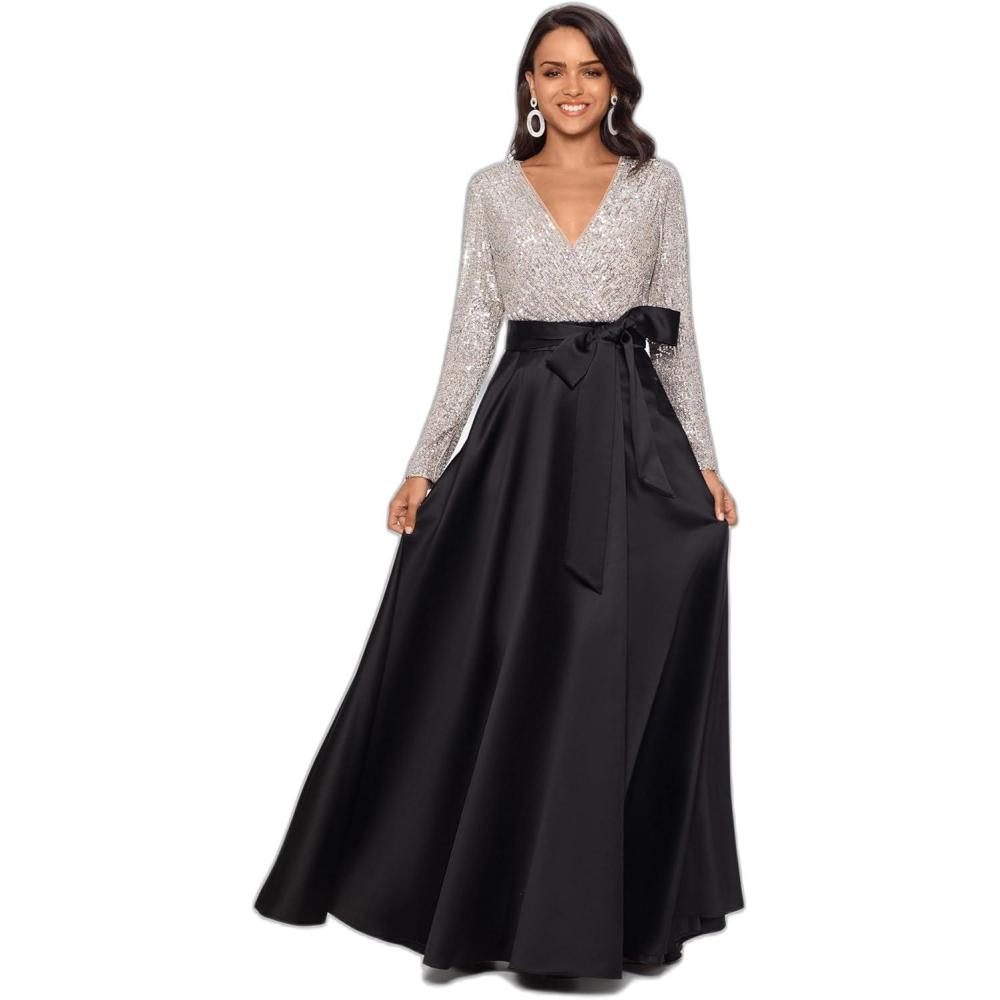 imageXscape Womens Sequin Long Sleeve Bodice and Satin Skirt VNeck Floor Length DressBlackNudeSilver