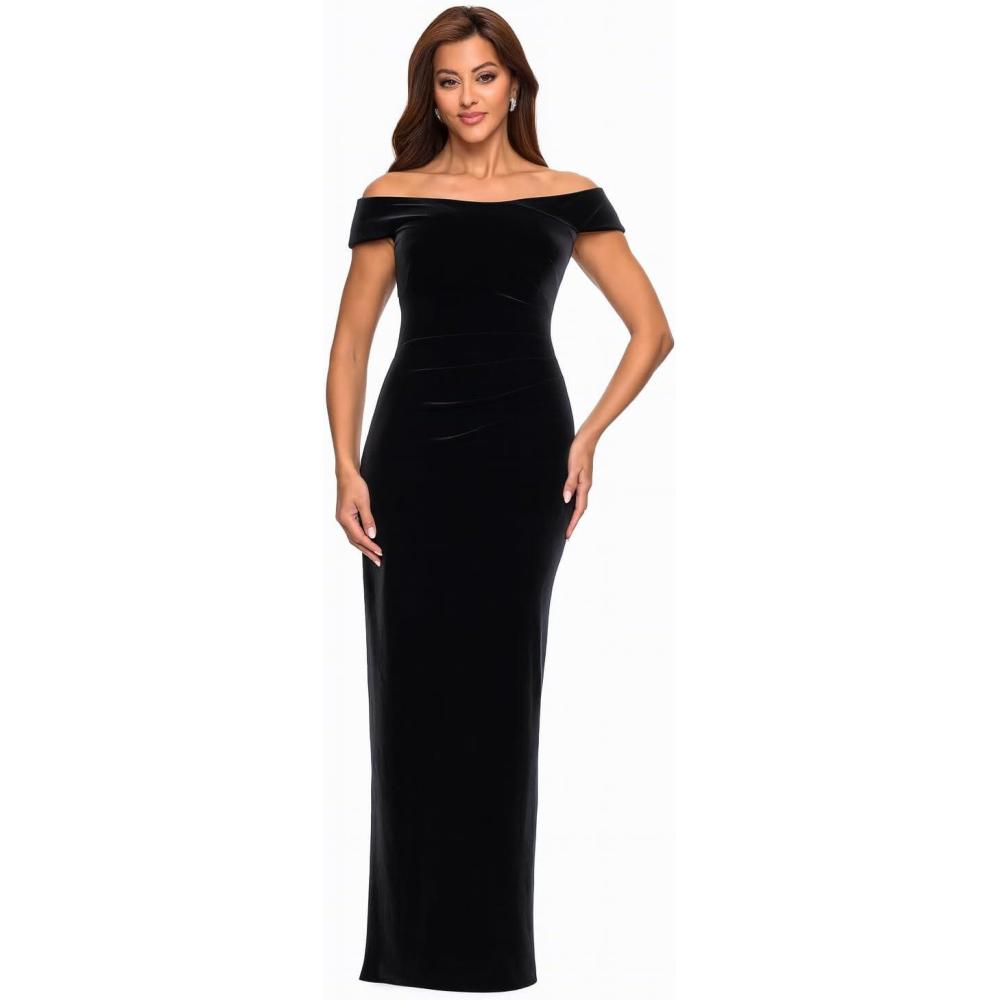 imageXscape Womens Velvet Off The Shoulder Ruched Back Slit Floor Length DressBlack