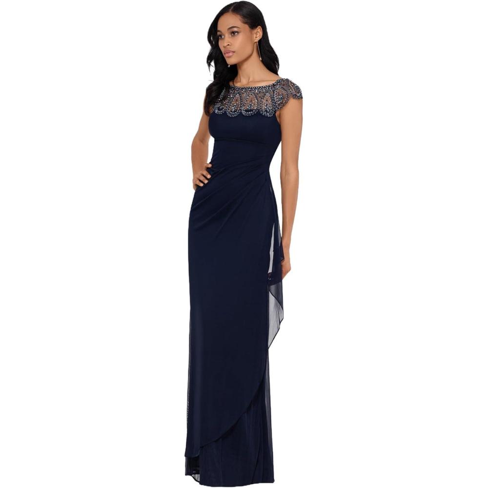 imageXscape Womens Xscape Womens Sheer Matte Jersey Embellished Scoop Neck and Sleeve Ruffle Floor Length DressNavy