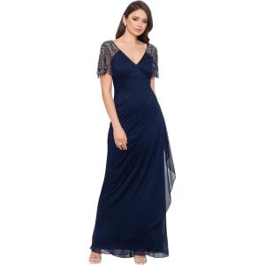 Xscape Female Long Sheer Matte Jersey Beaded Flutter Sleeve(Navy)