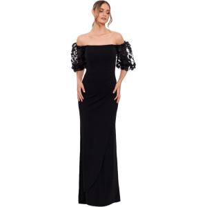 Xscape Women’s Illusion Sleeve Off The Shoulder Long Dress (Reg and Petite)(Black)