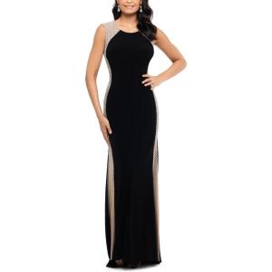 Xscape Women’s Long Ity Dress with Caviar Bead Sides(Black/Nude/Silver)