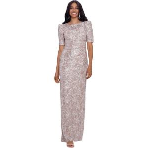 Xscape Women’s Long Lace Sequin Side Ruched Dress (Reg and Petite)(Sand)