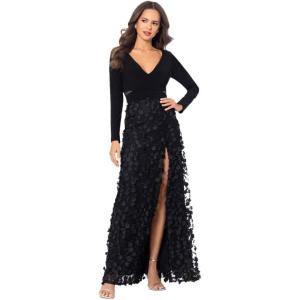 Xscape Women’s Long Sleeve V-Neck Floral Skirted Gown(Black)