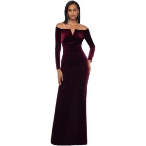 Xscape Women’s Off-The-Shoulder Velvet Long Sleeve Maxi Dress with V-bar Neckline and Center Back Zipper(Burgundy)