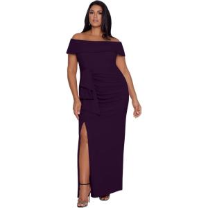 Xscape Women’s Plus Size Long Off The Shoulder Scuba Crepe Slit Dress(Mulberry)