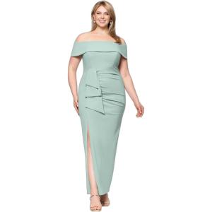 Xscape Women’s Plus Size Long Off The Shoulder Scuba Crepe Slit Dress(Sage)