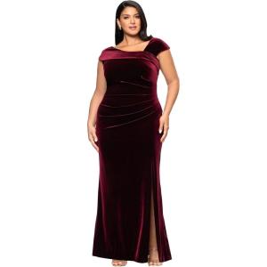 Xscape Women’s Plus Size Velvet Asymmetrical Neckline Cap Sleeve Floor Length Dress(Burgundy)