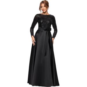 Xscape Women’s Sequin Bodice Long Sleeve Satin Skirt and Bow A-line Floor Length Dress(Black)