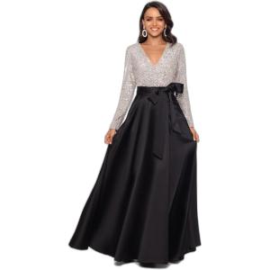 Xscape Women’s Sequin Long Sleeve Bodice and Satin Skirt V-Neck Floor Length Dress(Black/Nude/Silver)