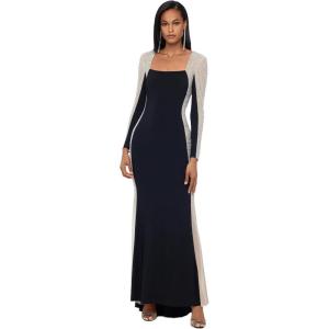Xscape Women’s Square Neck Long Sleeve Beaded Contour Gown(Black Nude Silver)