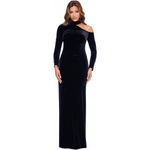 Xscape Women’s Velvet Cold High Neck Shoulder Long Sleeve Ruched Floor Length Dress(Black)