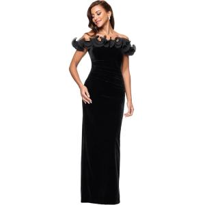 Xscape Women’s Velvet Off The Shoulder Organza Ruffle Floor Length Dress(Black)