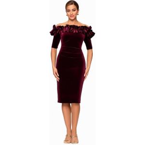 Xscape Women’s Velvet Off The Shoulder Ruffle Neckline Knee Length Dress(Burgundy)