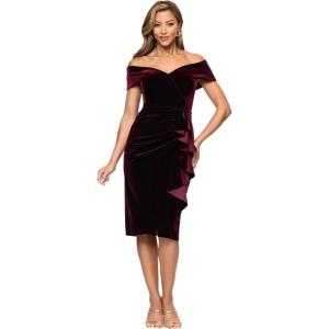 Xscape Women’s Velvet Off The Shoulder Side Ruffle Ruched Knee Length Dress(Burgundy)
