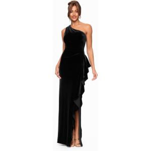 Xscape Women’s Velvet Sleeveless One Shoulder Cascading Ruffle Floor Length Dress(Black)