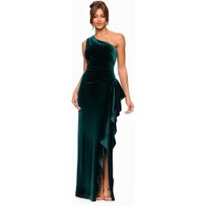 Xscape Women’s Velvet Sleeveless One Shoulder Cascading Ruffle Floor Length Dress(Hunter)