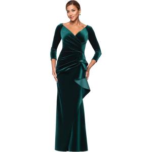 Xscape Women’s Velvet V-Neck Long Sleeve Side Cascade Ruffle Floor Length Dress(Hunter)