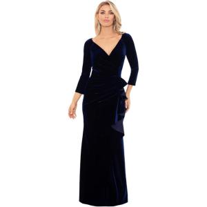 Xscape Women’s Velvet V-Neck Long Sleeve Side Cascade Ruffle Floor Length Dress(Navy)