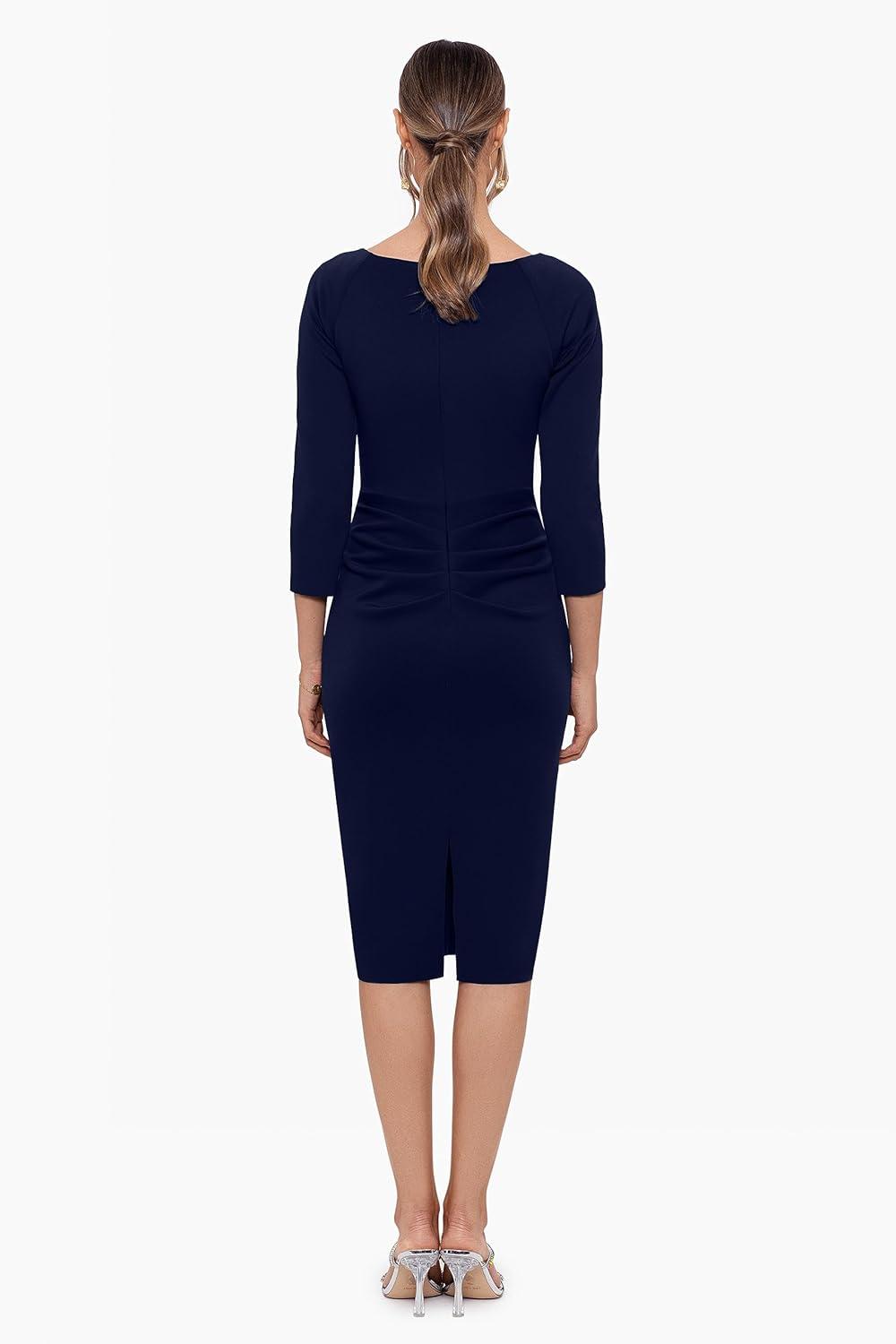 imageXscape Womens 34 Sleeve VNeck Side Ruched Midi Dress Reg and PetiteMidnight