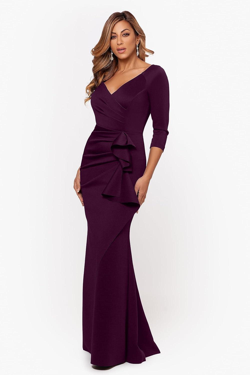imageXscape Womens Long 34 Sleeve VNeck Side Ruched Gown Reg and PetitePlum