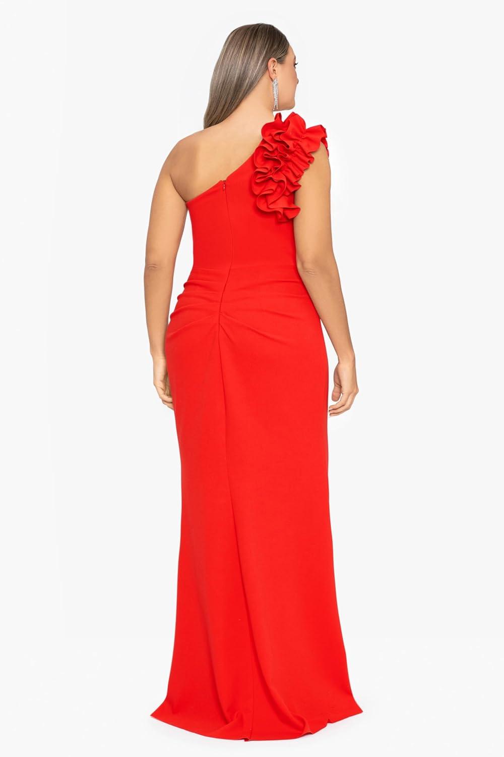 imageXscape Womens Long One Shoulder Ruffle Scuba Crepe Maxi DressRed
