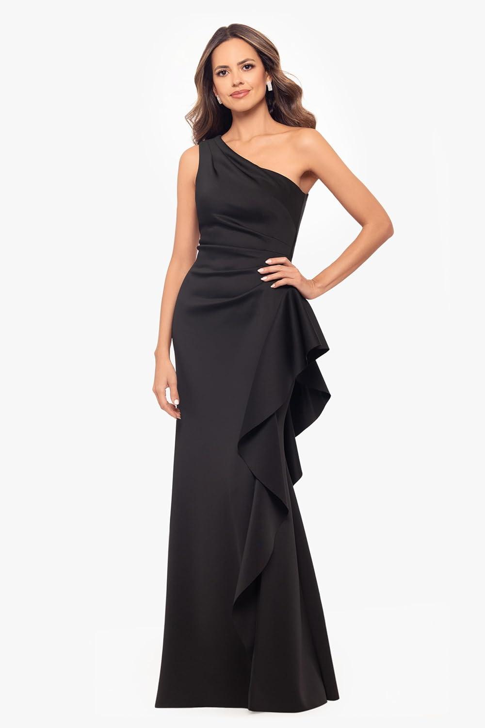 imageXscape Womens OneShoulder Gown with Cascading Ruffle Detail and Ruched WaistBlack