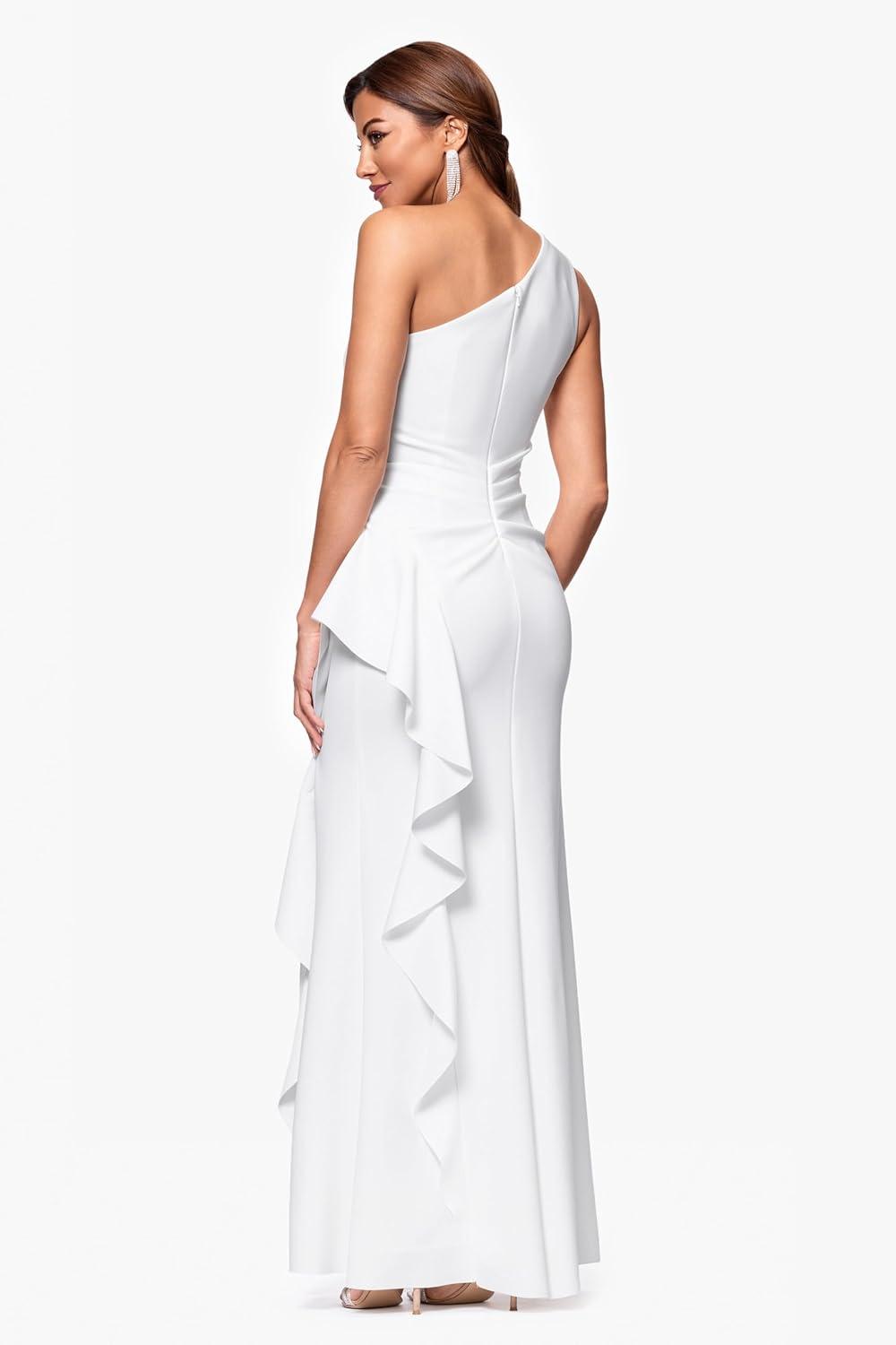 imageXscape Womens OneShoulder Gown with Cascading Ruffle Detail and Ruched WaistIvory