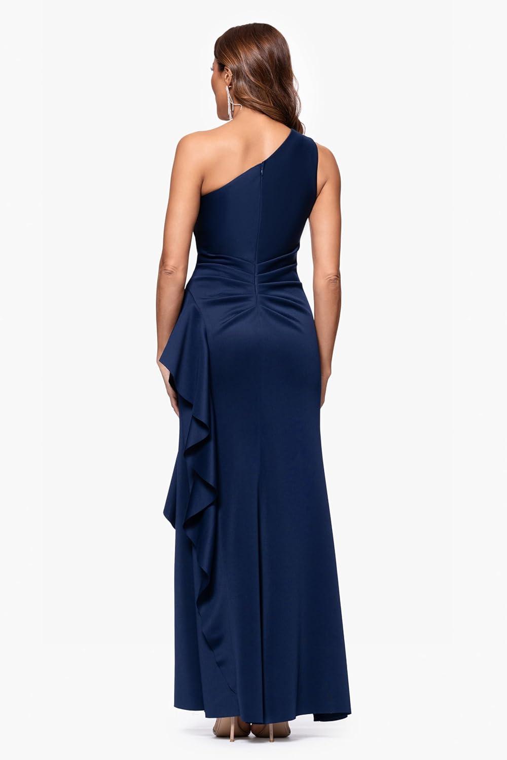 imageXscape Womens OneShoulder Gown with Cascading Ruffle Detail and Ruched WaistMidnight