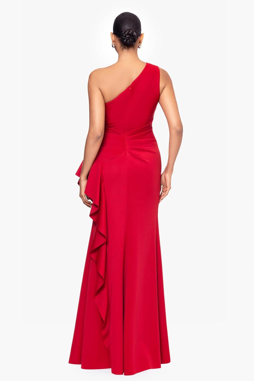 imageXscape Womens OneShoulder Gown with Cascading Ruffle Detail and Ruched WaistRed