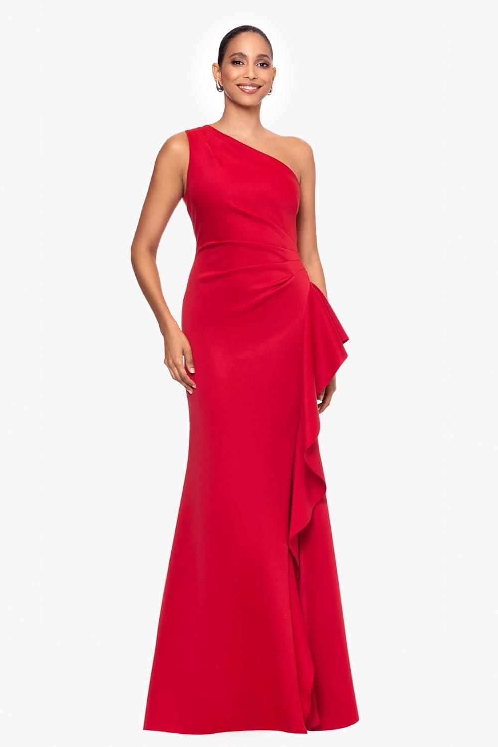 imageXscape Womens OneShoulder Gown with Cascading Ruffle Detail and Ruched WaistRed