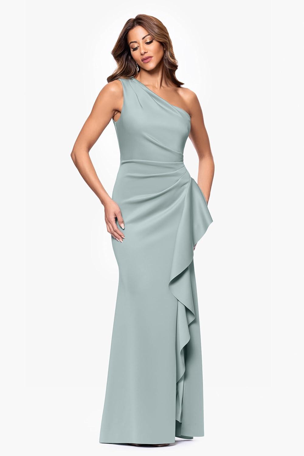 imageXscape Womens OneShoulder Gown with Cascading Ruffle Detail and Ruched WaistSage