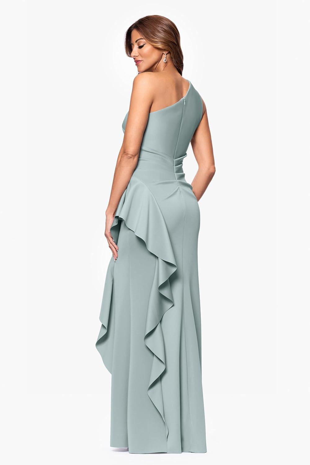 imageXscape Womens OneShoulder Gown with Cascading Ruffle Detail and Ruched WaistSage
