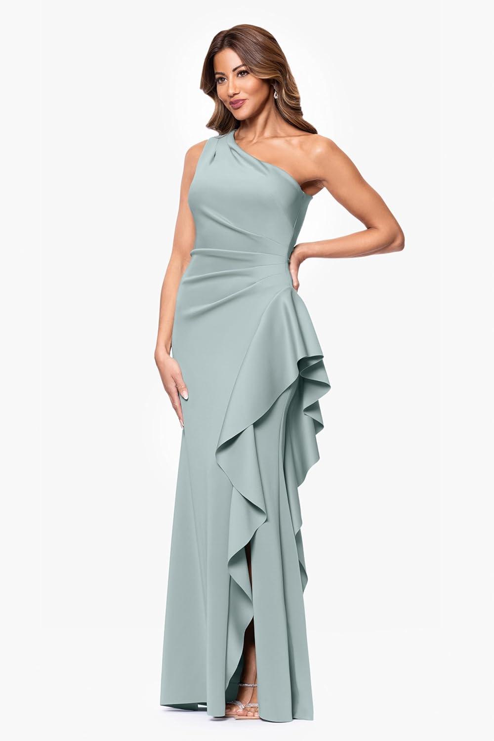 imageXscape Womens OneShoulder Gown with Cascading Ruffle Detail and Ruched WaistSage