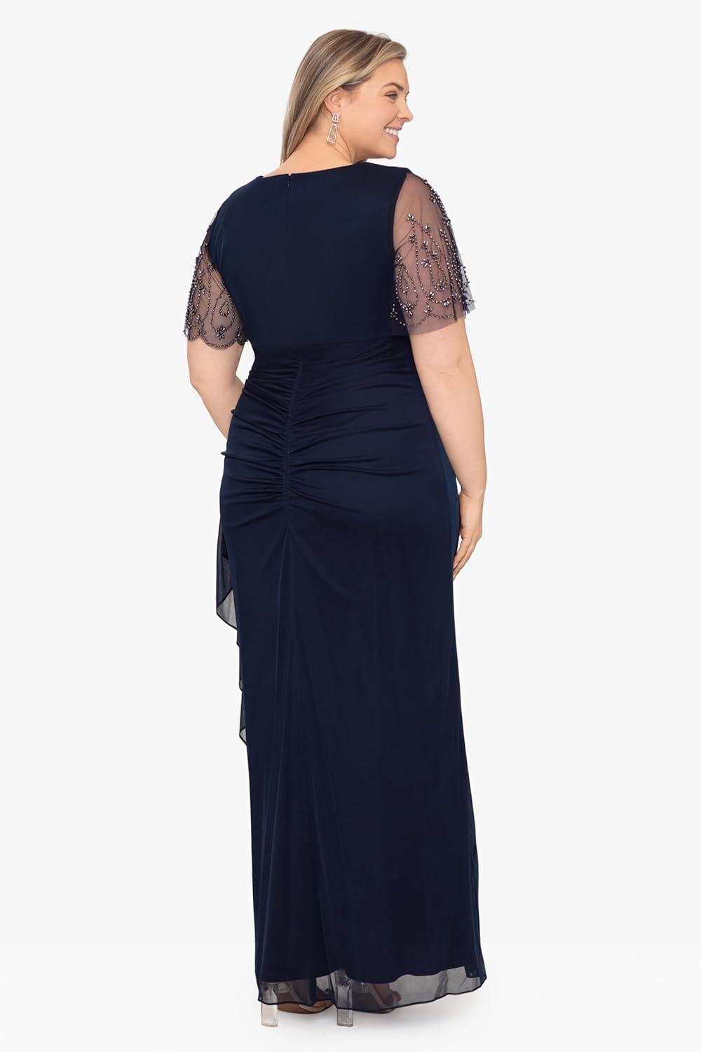 imageXscape Womens Plus Sheer Matte Jersey Maxi Dress with Beaded Sleeves and Side RuchingNavyMetal