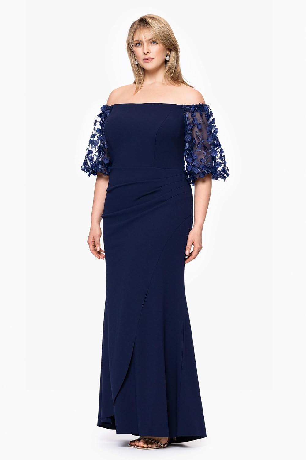 imageXscape Womens Plus Size Long Illusion Sleeve Off The Shoulder DressNavy