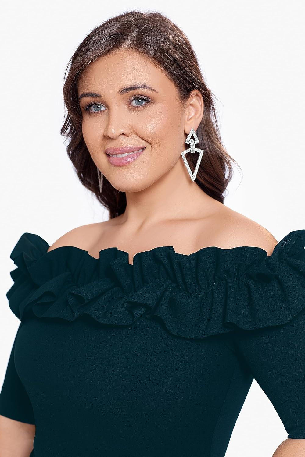 imageXscape Womens Plus Size Long Off The Shoulder Ruffle Scuba Crepe DressPine