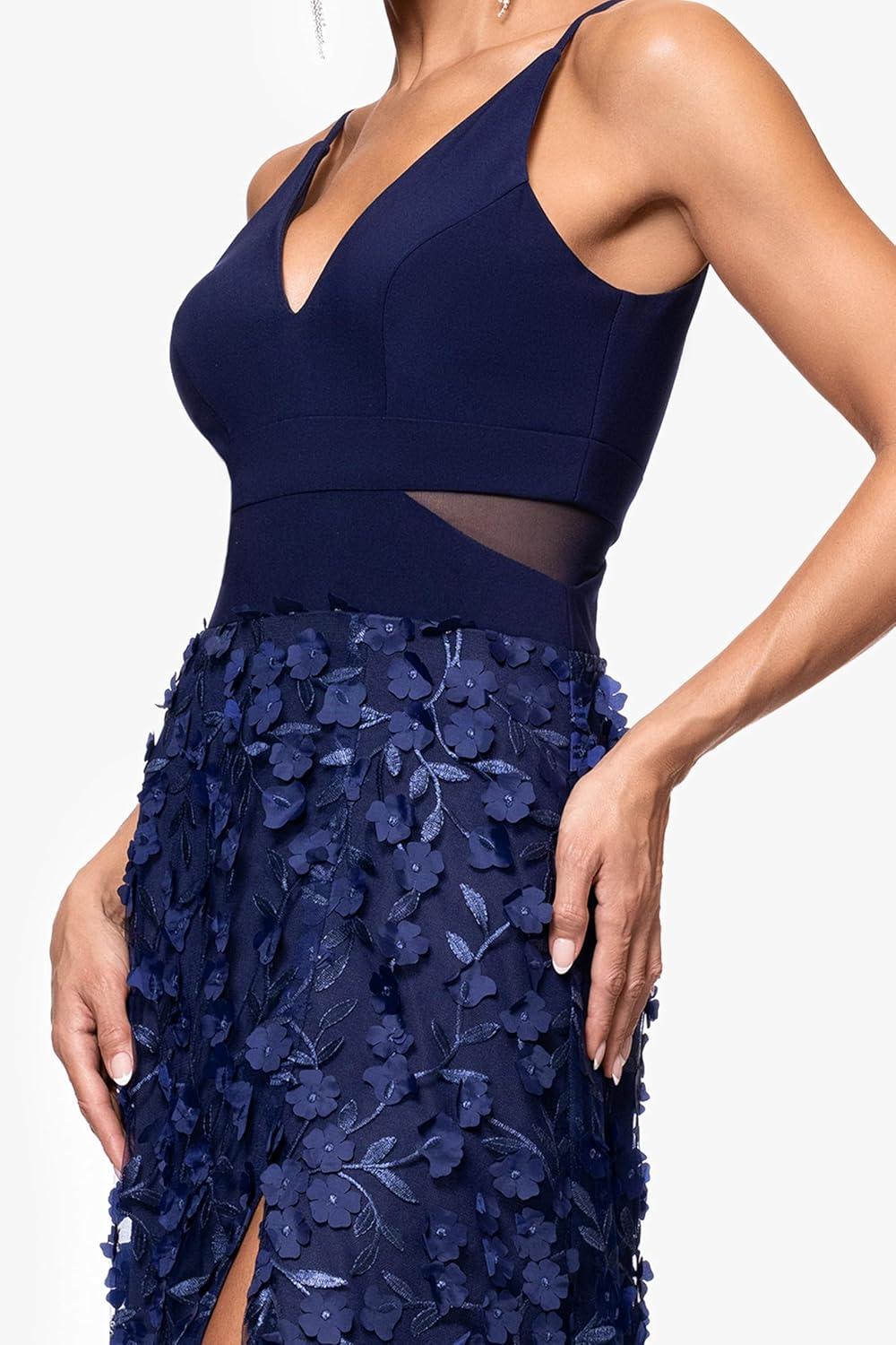 imageXscape Womens Sleeveless VNeck Raised Flower Skirt Gown with Side Slit NavyNavy 2