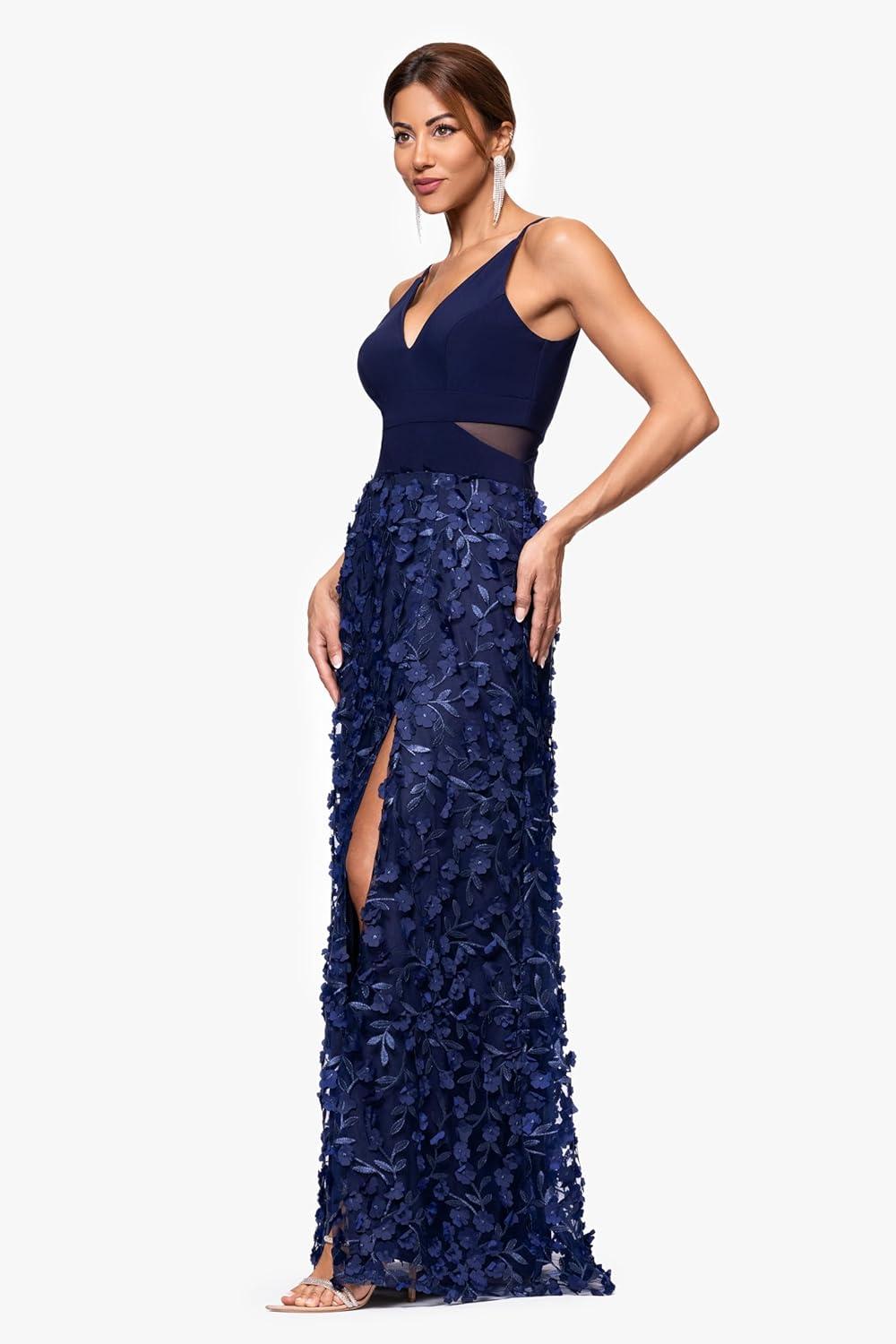 imageXscape Womens Sleeveless VNeck Raised Flower Skirt Gown with Side Slit NavyNavy 2