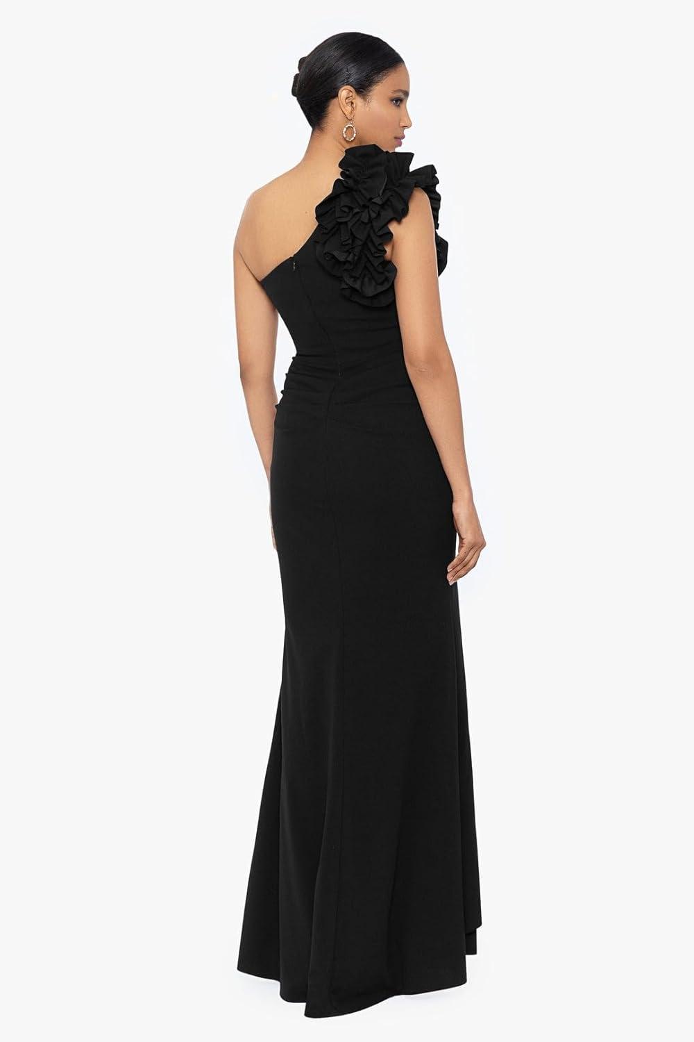 imageXscape Womens Womens OneShoulder FloorLength Scuba Crepe Dress with Ruffle Detail Reg and PetiteBlack