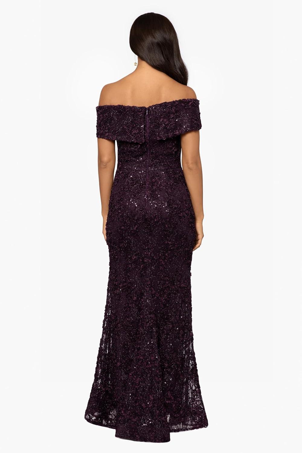 imageXscape womens Off the Shoulder Sweetheart Neckline Long Lace Dress Standard ampamp Petite Special Occasion DressMulberry Purple