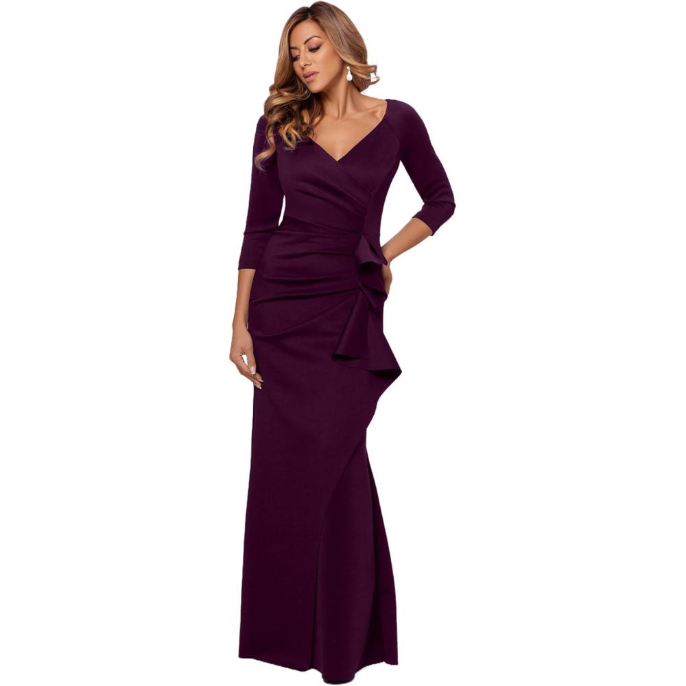 imageXscape Womens Long 34 Sleeve VNeck Side Ruched Gown Reg and PetitePlum