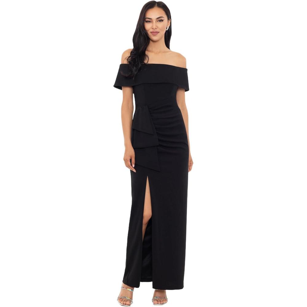 imageXscape Womens Long Off The Shoulder Scuba Crepe Slit DressBlack