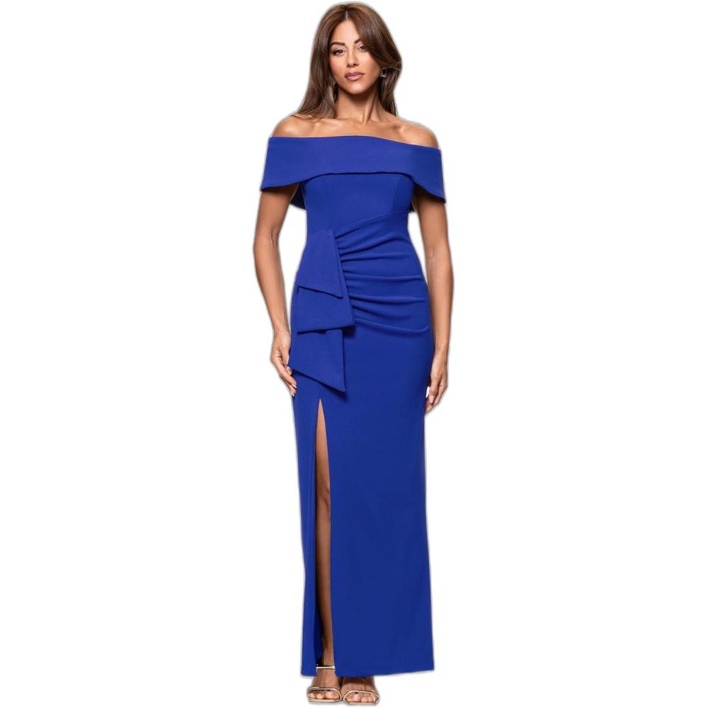 imageXscape Womens Long Off The Shoulder Scuba Crepe Slit DressMarine